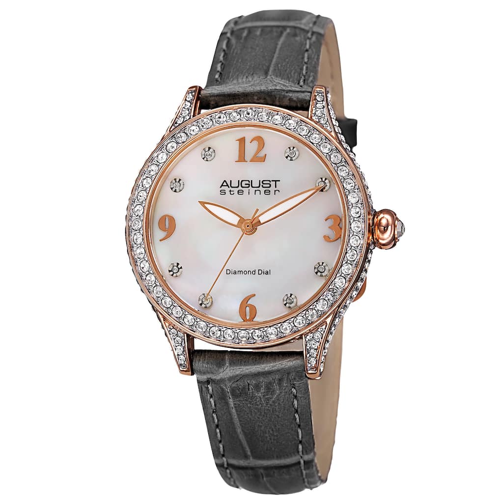 August Steiner Women's Quartz Swarovski Crystals & Diamond Leather Grey Strap Watch