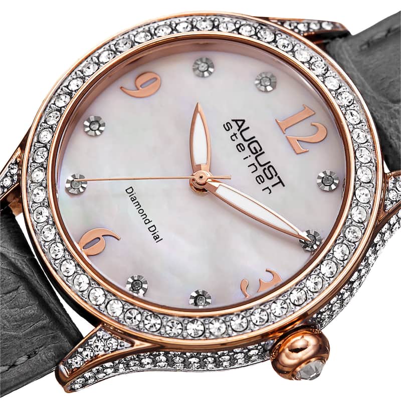 August Steiner Women's Quartz Swarovski Crystals & Diamond Leather Grey Strap Watch