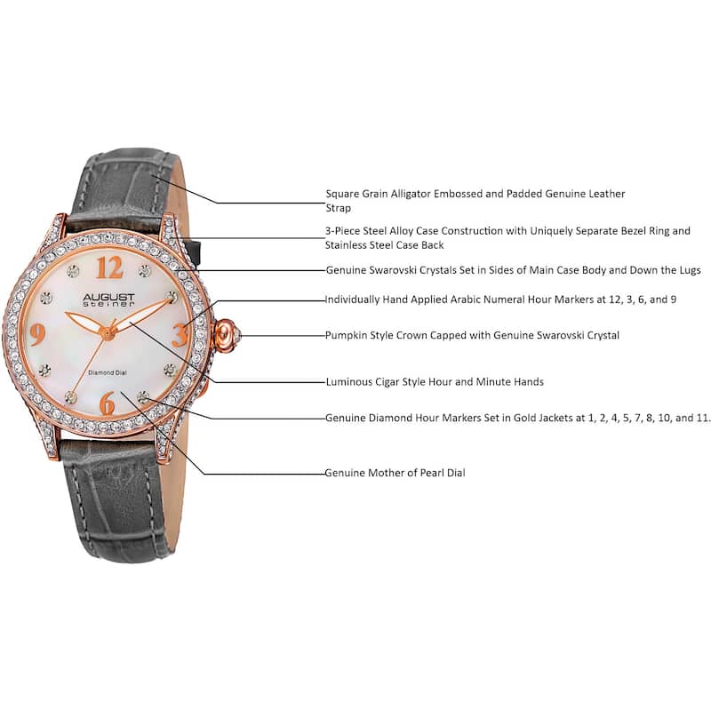 August Steiner Women's Quartz Swarovski Crystals & Diamond Leather Grey Strap Watch