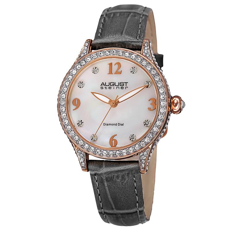 August Steiner Women's Quartz Swarovski Crystals & Diamond Leather Grey Strap Watch