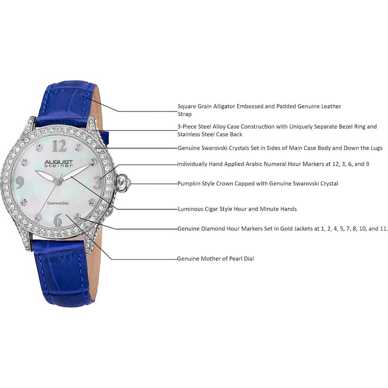 August Steiner Women's Quartz Swarovski Crystals & Diamond Leather Blue Strap Watch