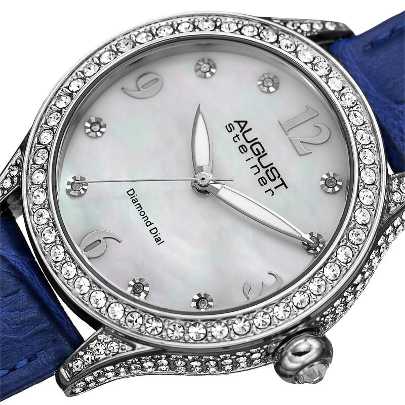 August Steiner Women's Quartz Swarovski Crystals & Diamond Leather Blue Strap Watch