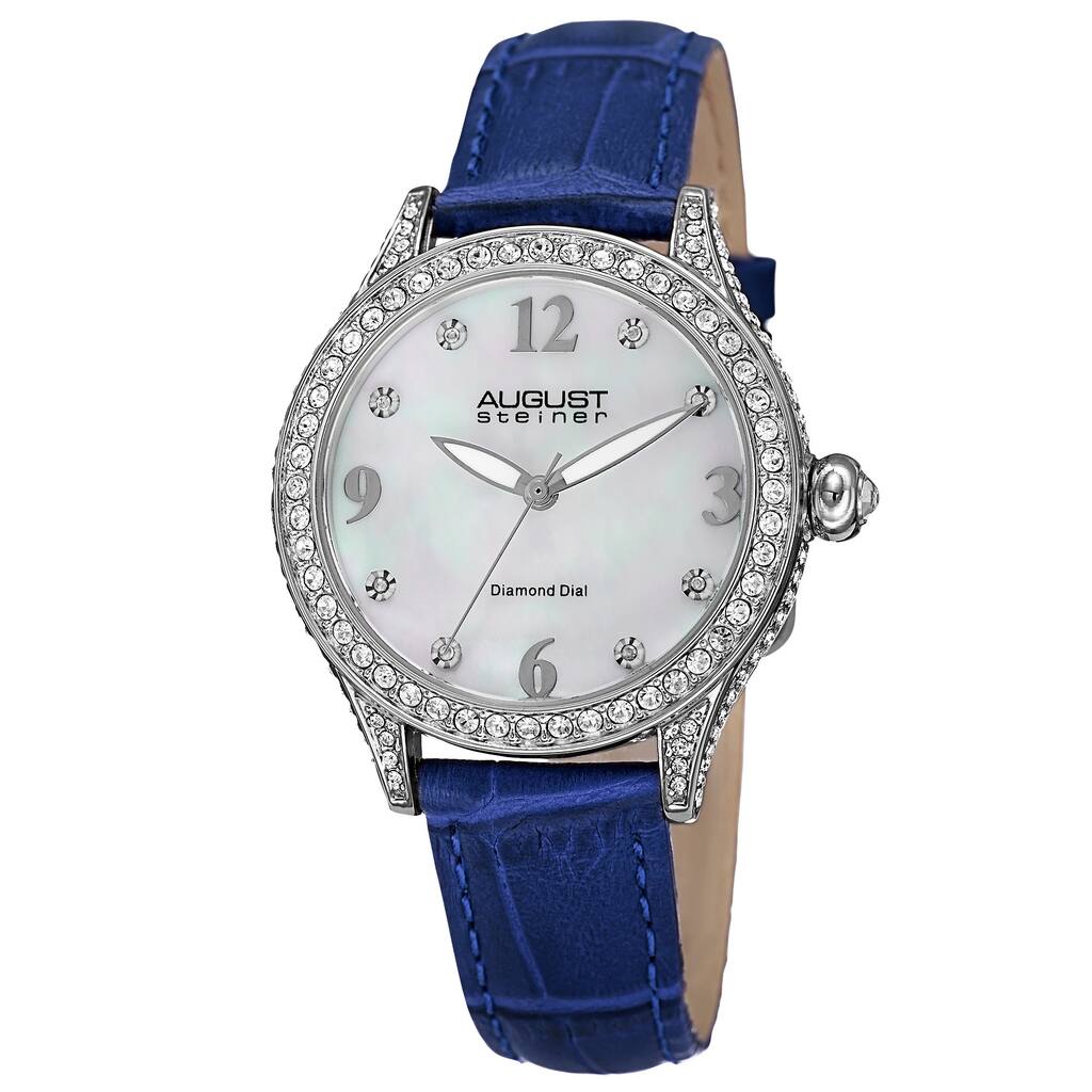 August Steiner Women's Quartz Swarovski Crystals & Diamond Leather Blue Strap Watch