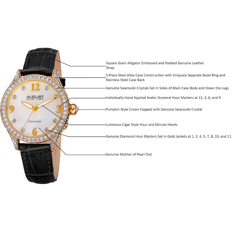 August Steiner Women's Quartz Swarovski Crystals & Diamond Leather Black Strap Watch