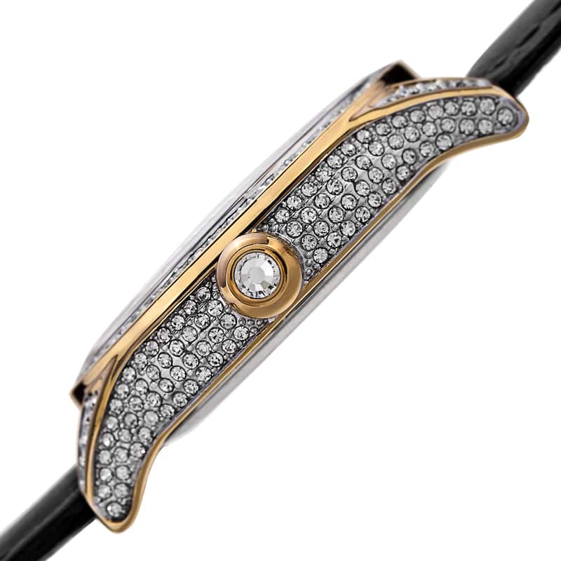 August Steiner Women's Quartz Swarovski Crystals & Diamond Leather Black Strap Watch