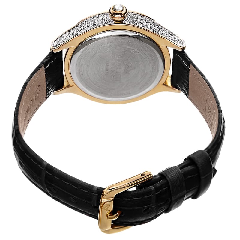 August Steiner Women's Quartz Swarovski Crystals & Diamond Leather Black Strap Watch