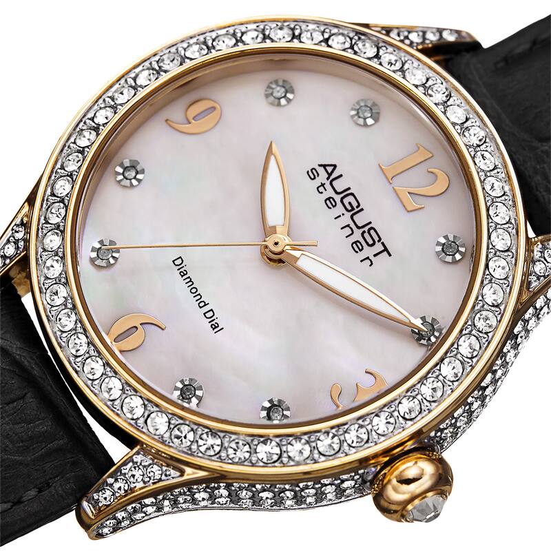 August Steiner Women's Quartz Swarovski Crystals & Diamond Leather Black Strap Watch