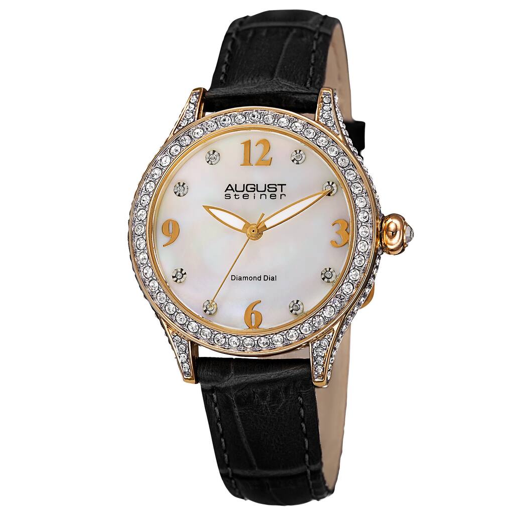August Steiner Women's Quartz Swarovski Crystals & Diamond Leather Black Strap Watch