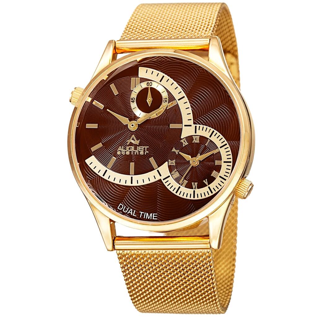 August Steiner Men's Quartz Dual-Time Stainless Steel Mesh Gold-Tone Bracelet Watch