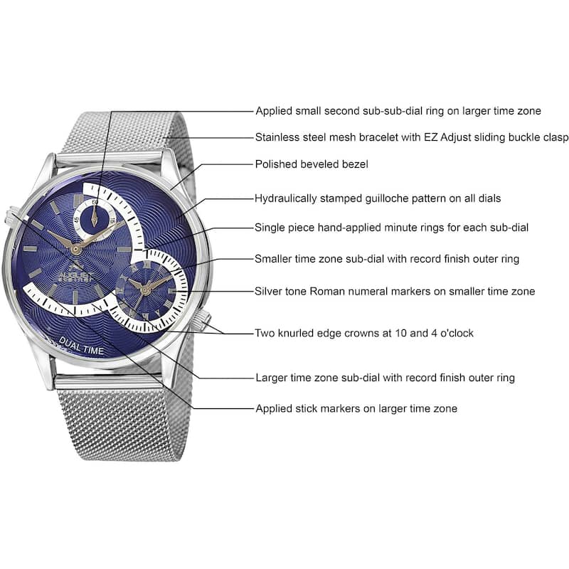 August Steiner Men's Quartz Dual-Time Stainless Steel Mesh Silver-Tone Bracelet Watch - Blue