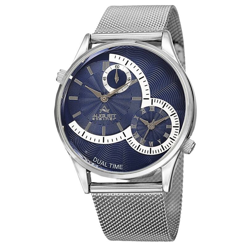 August Steiner Men's Quartz Dual-Time Stainless Steel Mesh Silver-Tone Bracelet Watch - Blue