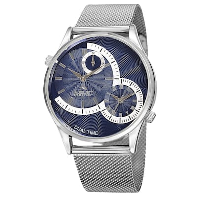 August Steiner Men's Quartz Dual-Time Stainless Steel Mesh Silver-Tone Bracelet Watch - Blue