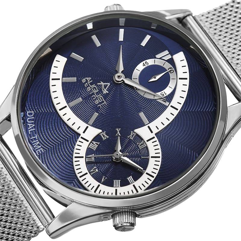 August Steiner Men's Quartz Dual-Time Stainless Steel Mesh Silver-Tone Bracelet Watch - Blue