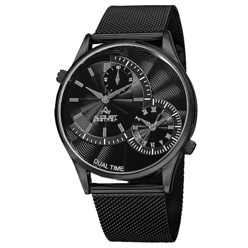 August Steiner Men's Quartz Dual-Time Stainless Steel Mesh Black Bracelet Watch