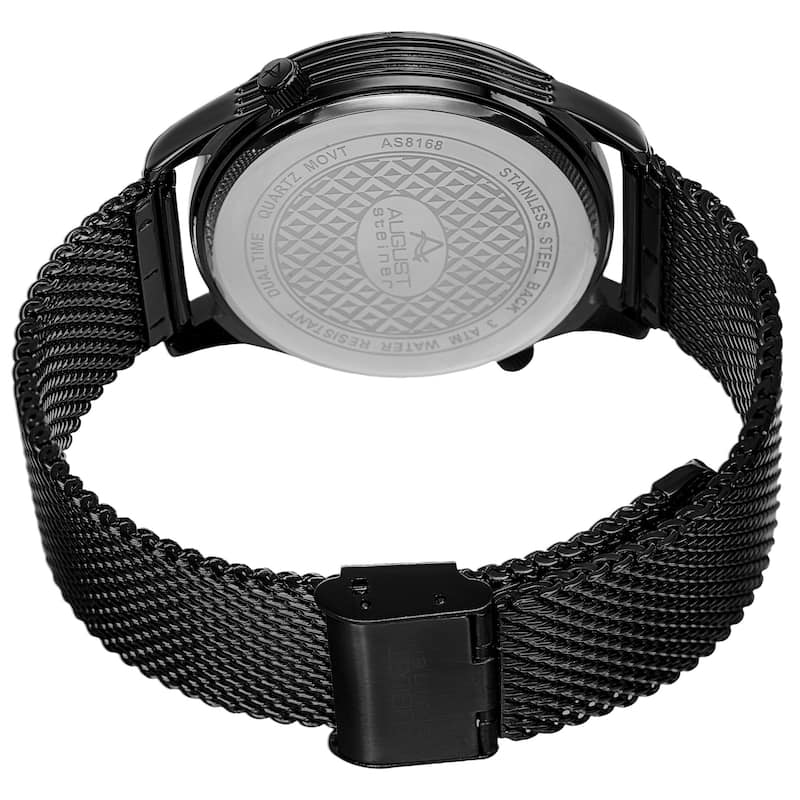 August Steiner Men's Quartz Dual-Time Stainless Steel Mesh Black Bracelet Watch