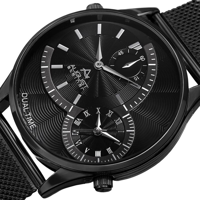 August Steiner Men's Quartz Dual-Time Stainless Steel Mesh Black Bracelet Watch