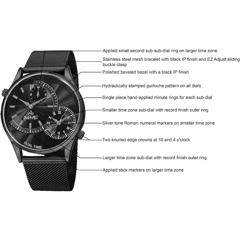 August Steiner Men's Quartz Dual-Time Stainless Steel Mesh Black Bracelet Watch