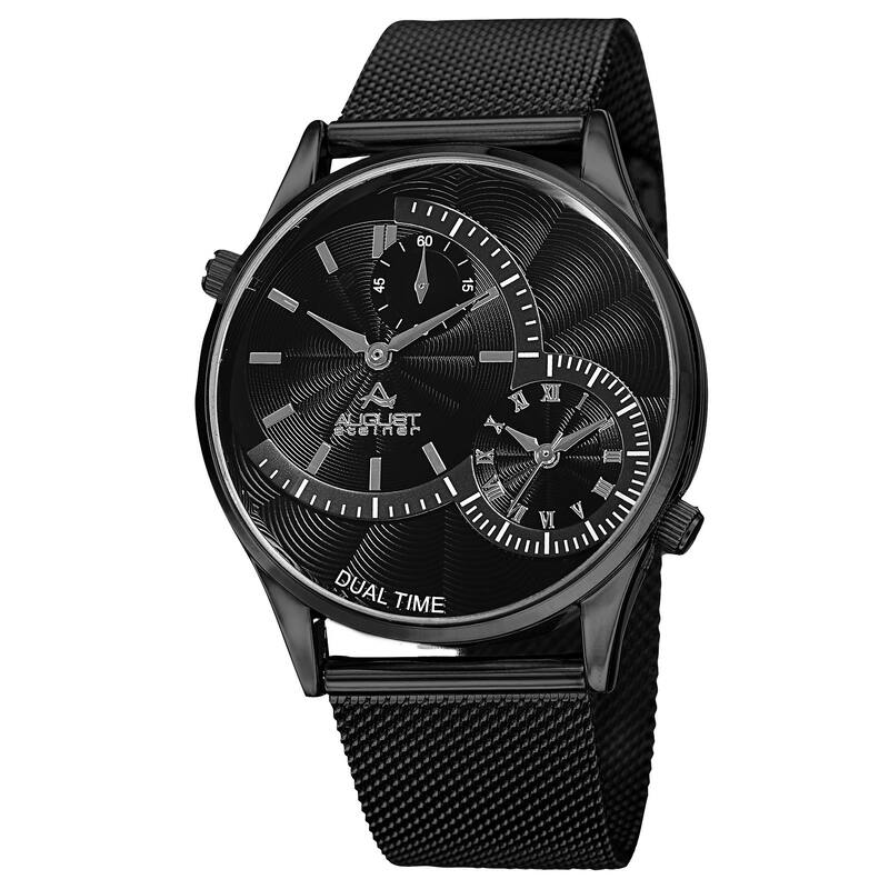 August Steiner Men's Quartz Dual-Time Stainless Steel Mesh Black Bracelet Watch