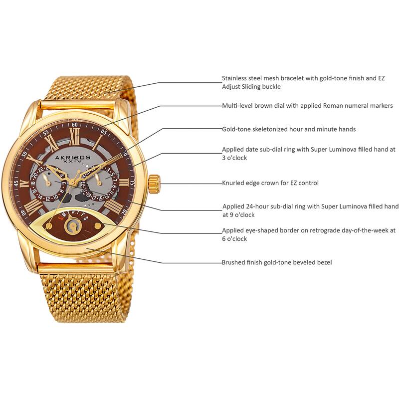 Akribos XXIV Men's Multifunction Step Dial Stainless Steel Mesh Gold-Tone Bracelet Watch - Gold
