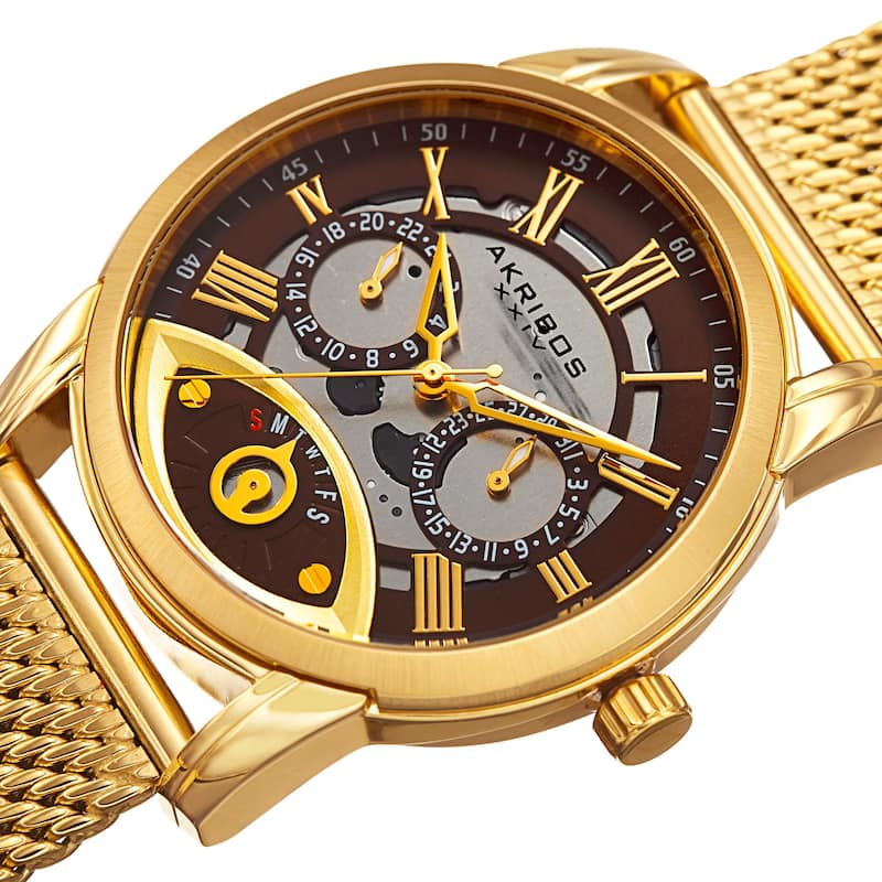 Akribos XXIV Men's Multifunction Step Dial Stainless Steel Mesh Gold-Tone Bracelet Watch - Gold