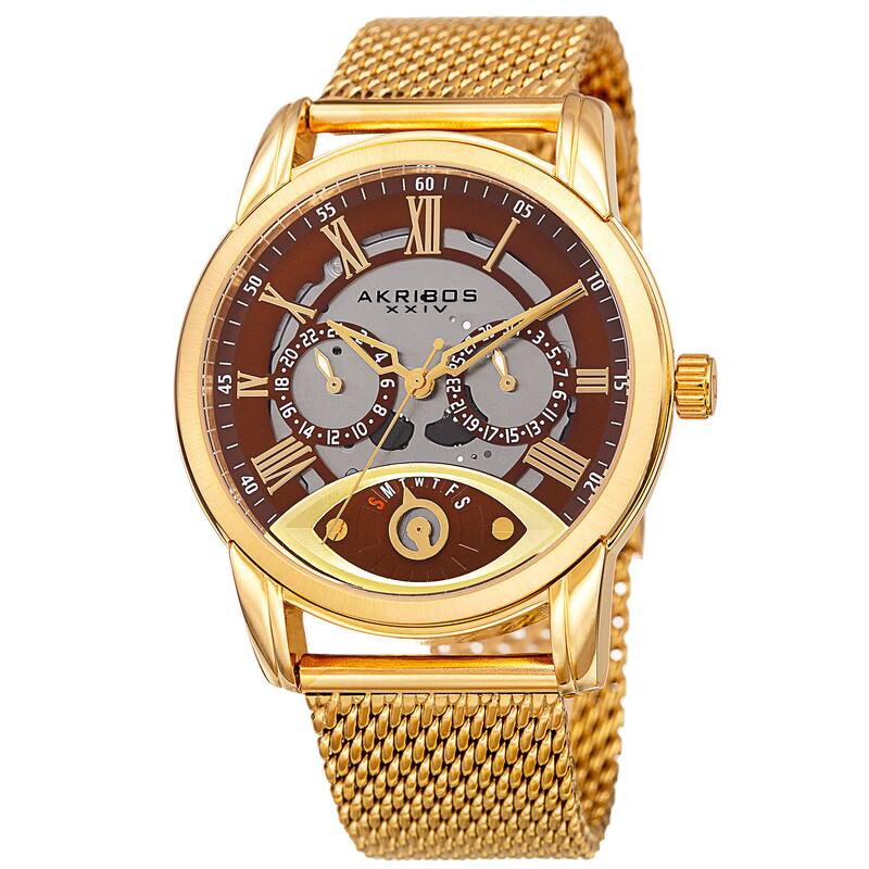 Akribos XXIV Men's Multifunction Step Dial Stainless Steel Mesh Gold-Tone Bracelet Watch - Gold