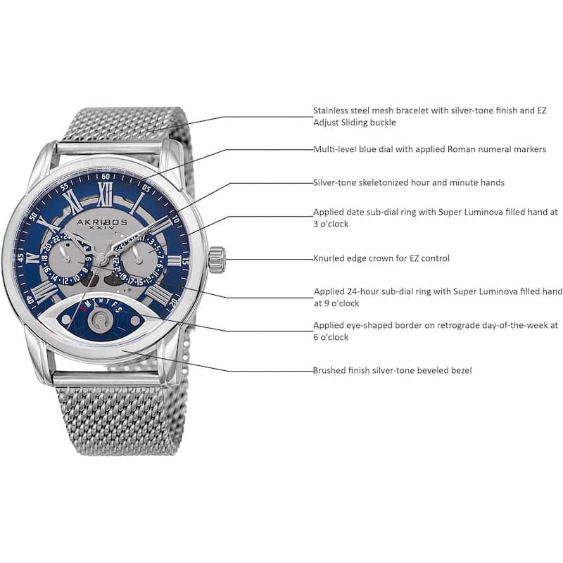 Akribos XXIV Men's Multifunction Step Dial Stainless Steel Mesh Silver-Tone Bracelet Watch - Blue