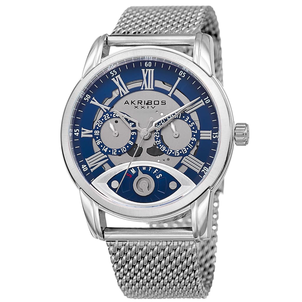 Akribos XXIV Men's Multifunction Step Dial Stainless Steel Mesh Silver-Tone Bracelet Watch - Blue