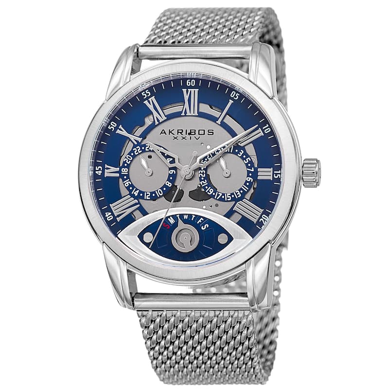 Akribos XXIV Men's Multifunction Step Dial Stainless Steel Mesh Silver-Tone Bracelet Watch - Blue