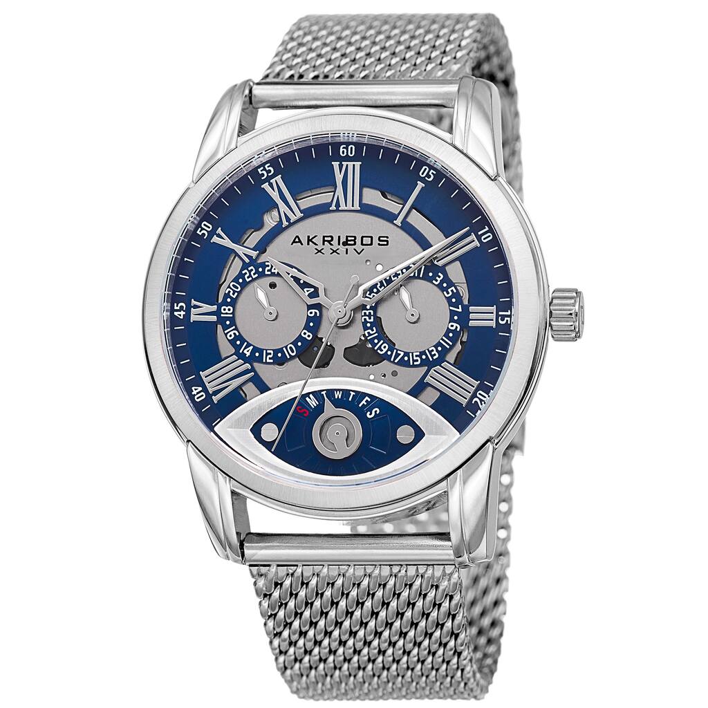 Akribos XXIV Men's Multifunction Step Dial Stainless Steel Mesh Silver-Tone Bracelet Watch - Blue