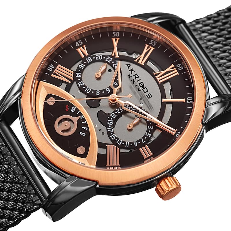 Akribos XXIV Men's Multifunction Step Dial Stainless Steel Mesh Black Bracelet Watch
