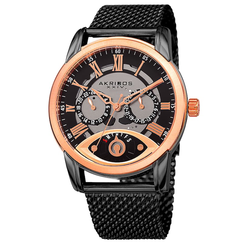 Akribos XXIV Men's Multifunction Step Dial Stainless Steel Mesh Black Bracelet Watch