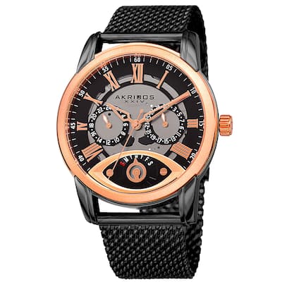 Akribos XXIV Men's Multifunction Step Dial Stainless Steel Mesh Black Bracelet Watch