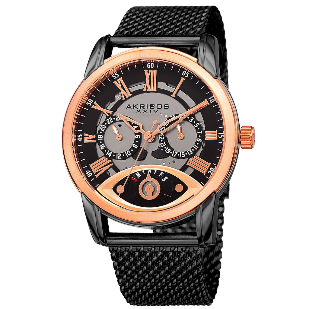 Akribos XXIV Men's Multifunction Step Dial Stainless Steel Mesh Black Bracelet Watch