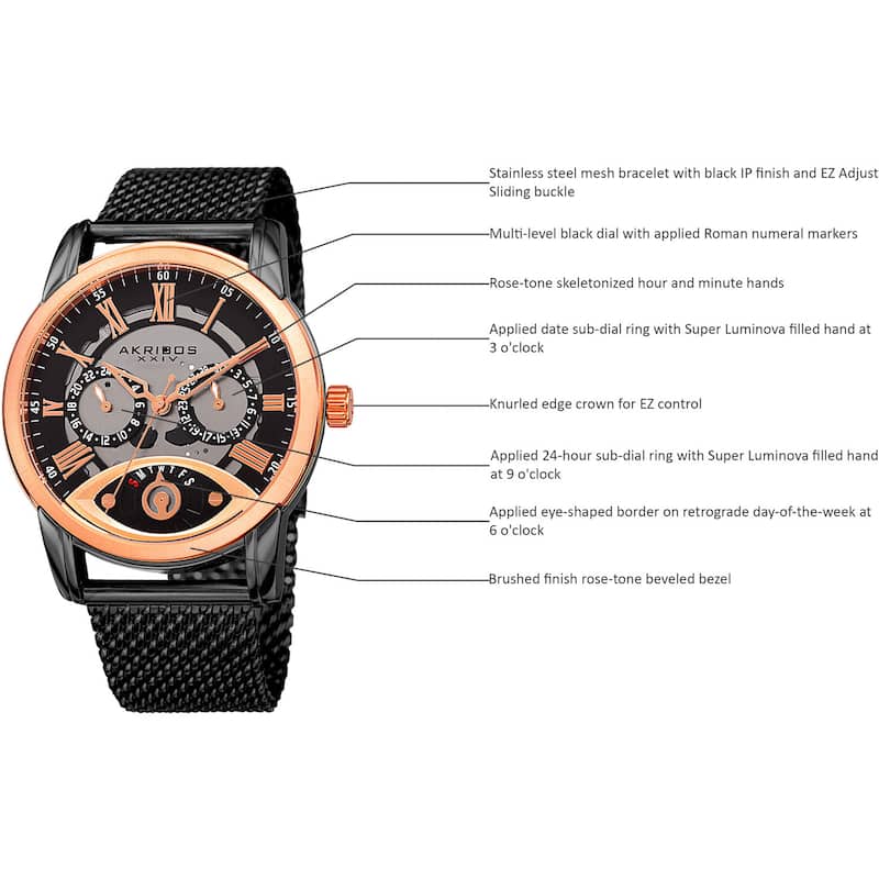 Akribos XXIV Men's Multifunction Step Dial Stainless Steel Mesh Black Bracelet Watch