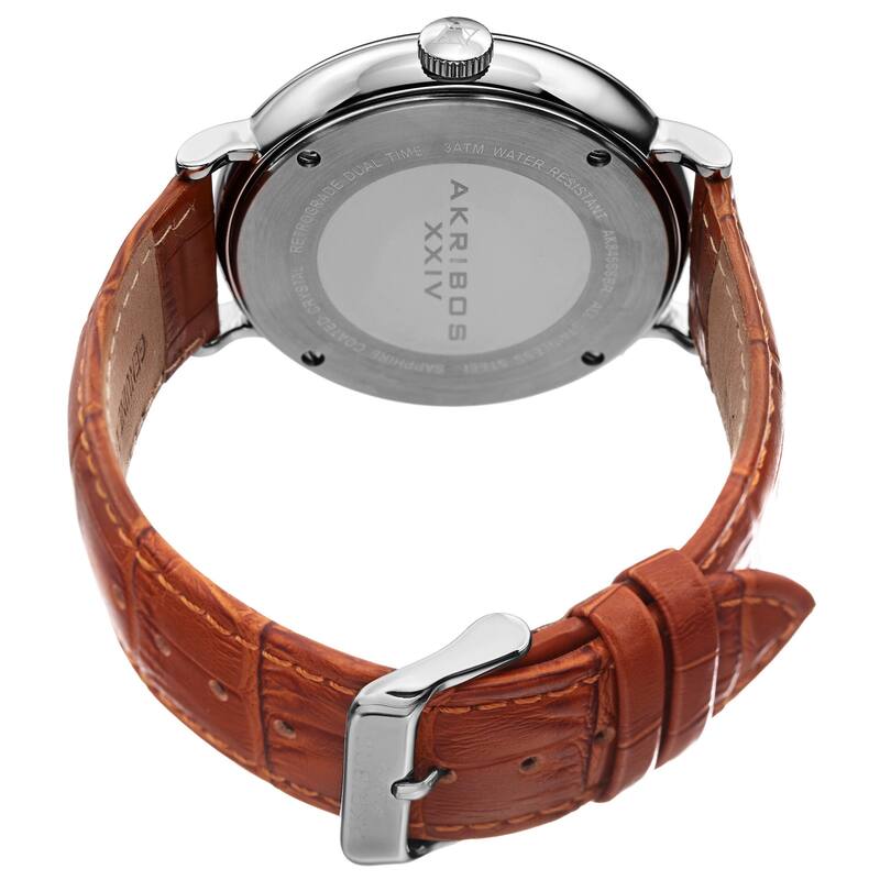 Akribos XXIV Men's Quartz Retrograde GMT Leather Silver-Tone Strap Watch - ORANGE