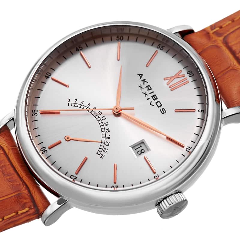 Akribos XXIV Men's Quartz Retrograde GMT Leather Silver-Tone Strap Watch - ORANGE