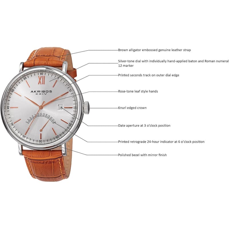 Akribos XXIV Men's Quartz Retrograde GMT Leather Silver-Tone Strap Watch - ORANGE