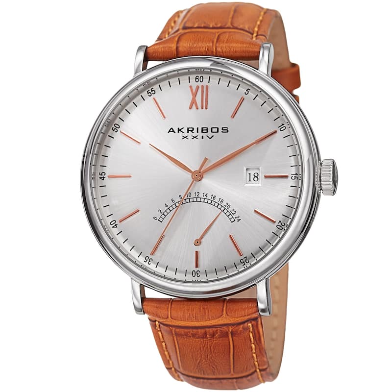 Akribos XXIV Men's Quartz Retrograde GMT Leather Silver-Tone Strap Watch - ORANGE