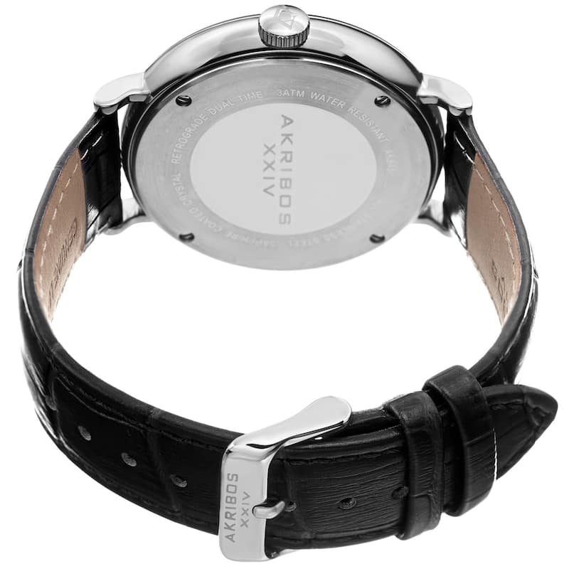Akribos XXIV Men's Quartz Retrograde GMT Leather Silver-Tone Strap Watch - Black