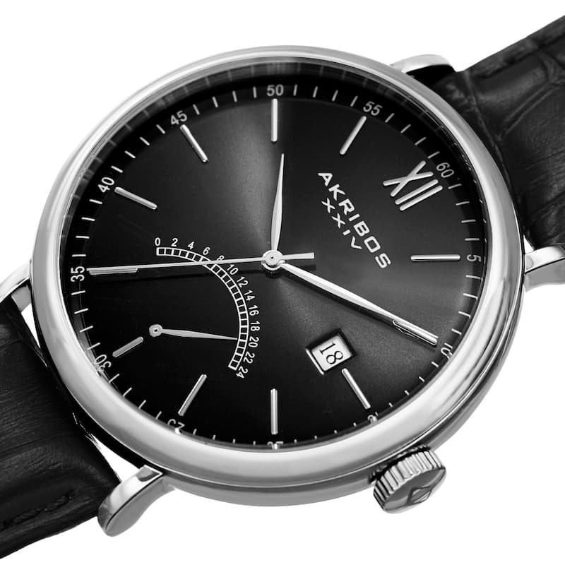 Akribos XXIV Men's Quartz Retrograde GMT Leather Silver-Tone Strap Watch - Black