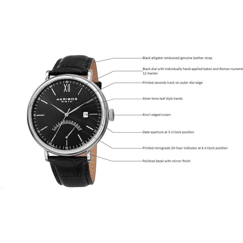Akribos XXIV Men's Quartz Retrograde GMT Leather Silver-Tone Strap Watch - Black