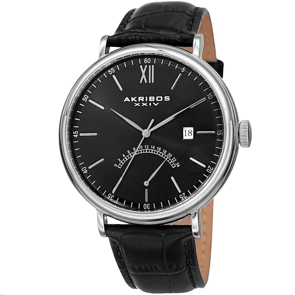 Akribos XXIV Men's Quartz Retrograde GMT Leather Silver-Tone Strap Watch - Black
