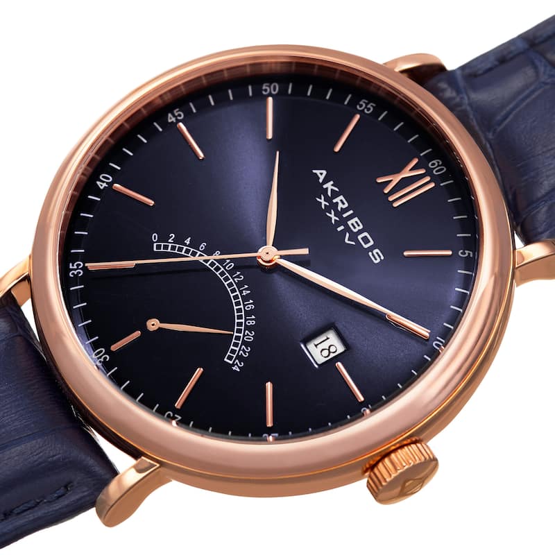 Akribos XXIV Men's Quartz Retrograde GMT Leather Rose-Tone Strap Watch - Blue