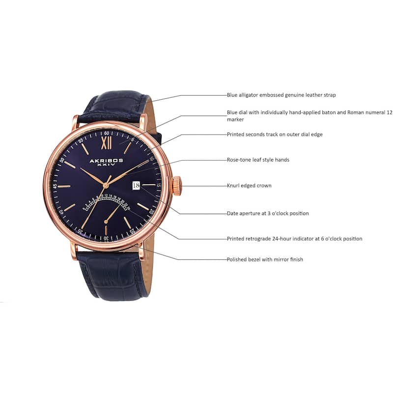 Akribos XXIV Men's Quartz Retrograde GMT Leather Rose-Tone Strap Watch - Blue
