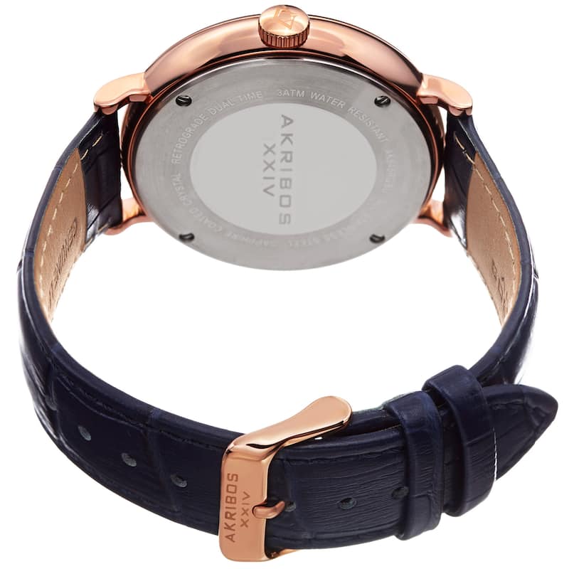 Akribos XXIV Men's Quartz Retrograde GMT Leather Rose-Tone Strap Watch - Blue