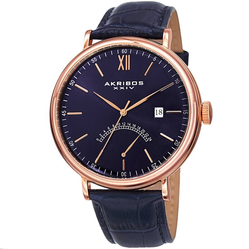 Akribos XXIV Men's Quartz Retrograde GMT Leather Rose-Tone Strap Watch - Blue