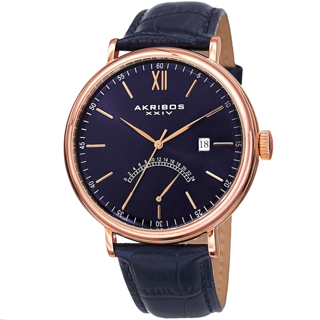 Akribos XXIV Men's Quartz Retrograde GMT Leather Rose-Tone Strap Watch - Blue