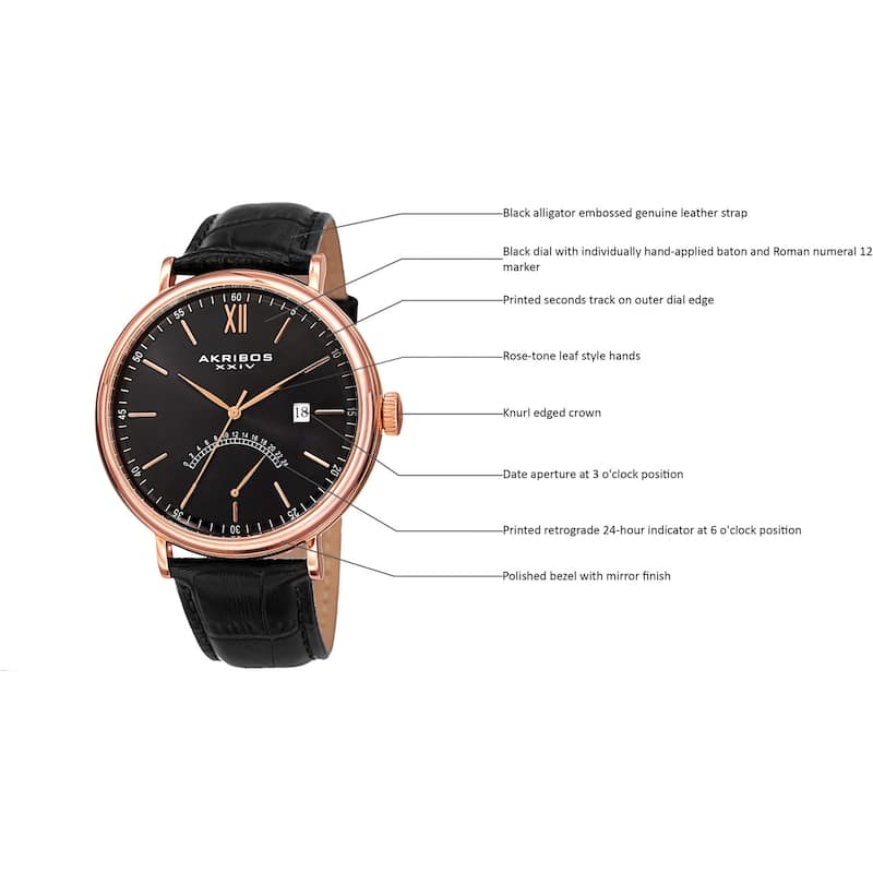 Akribos XXIV Men's Quartz Retrograde GMT Leather Black Strap Watch