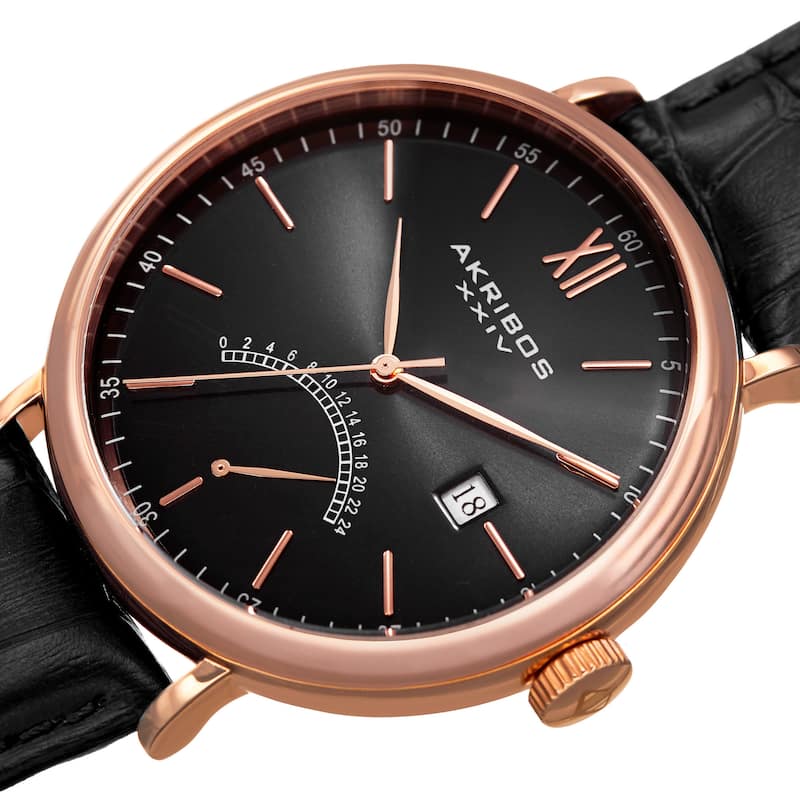 Akribos XXIV Men's Quartz Retrograde GMT Leather Black Strap Watch