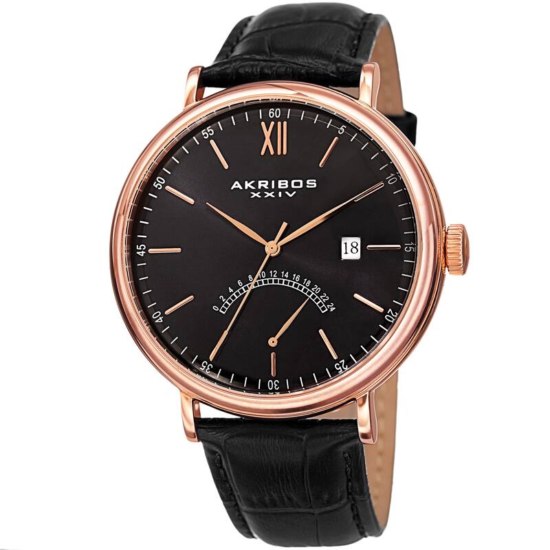 Akribos XXIV Men's Quartz Retrograde GMT Leather Black Strap Watch